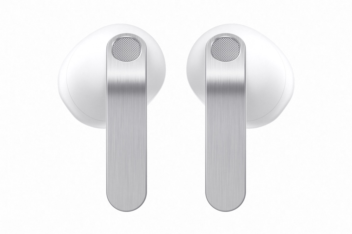Vista frontal de los audífonos Samsung blancos